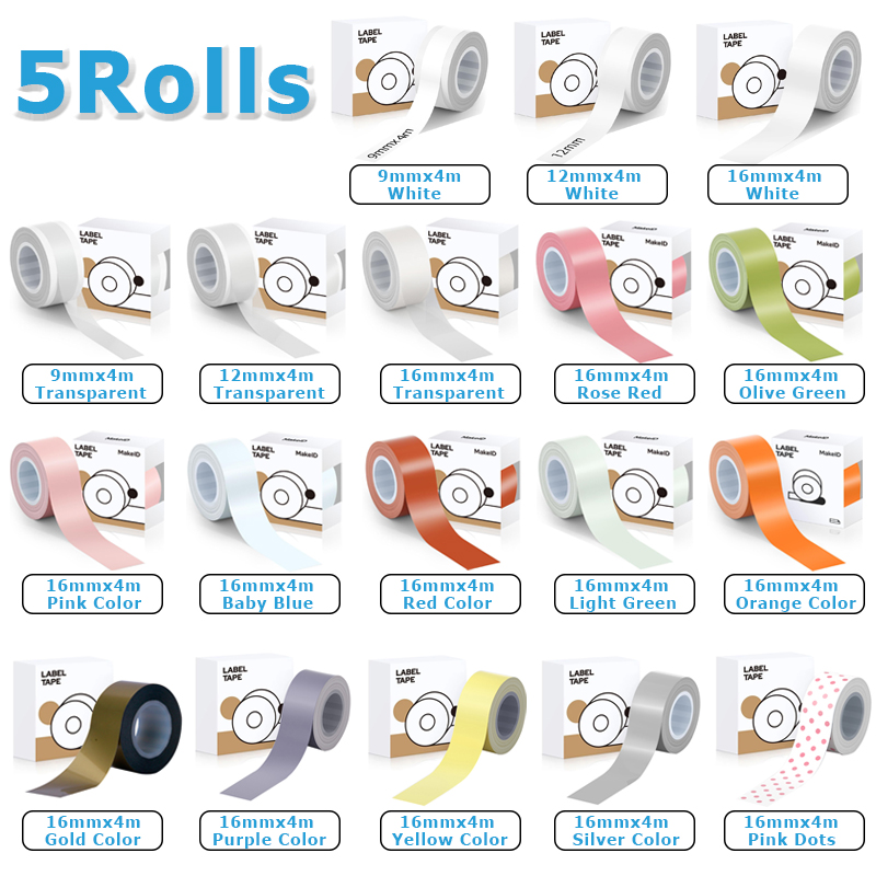 Label Printer Tape - 5Rolls 9mm 12mm 16mm (4meters/Roll) for